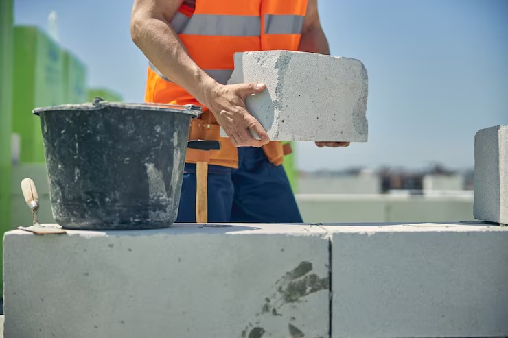 Experienced mason in a safety vest laying bricks on a job site