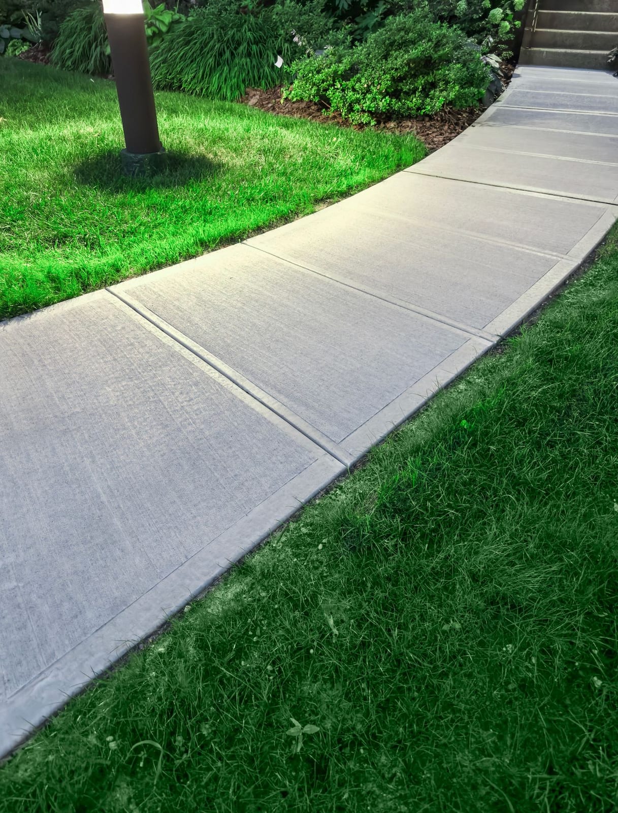 Curved concrete walkway through a landscaped yard